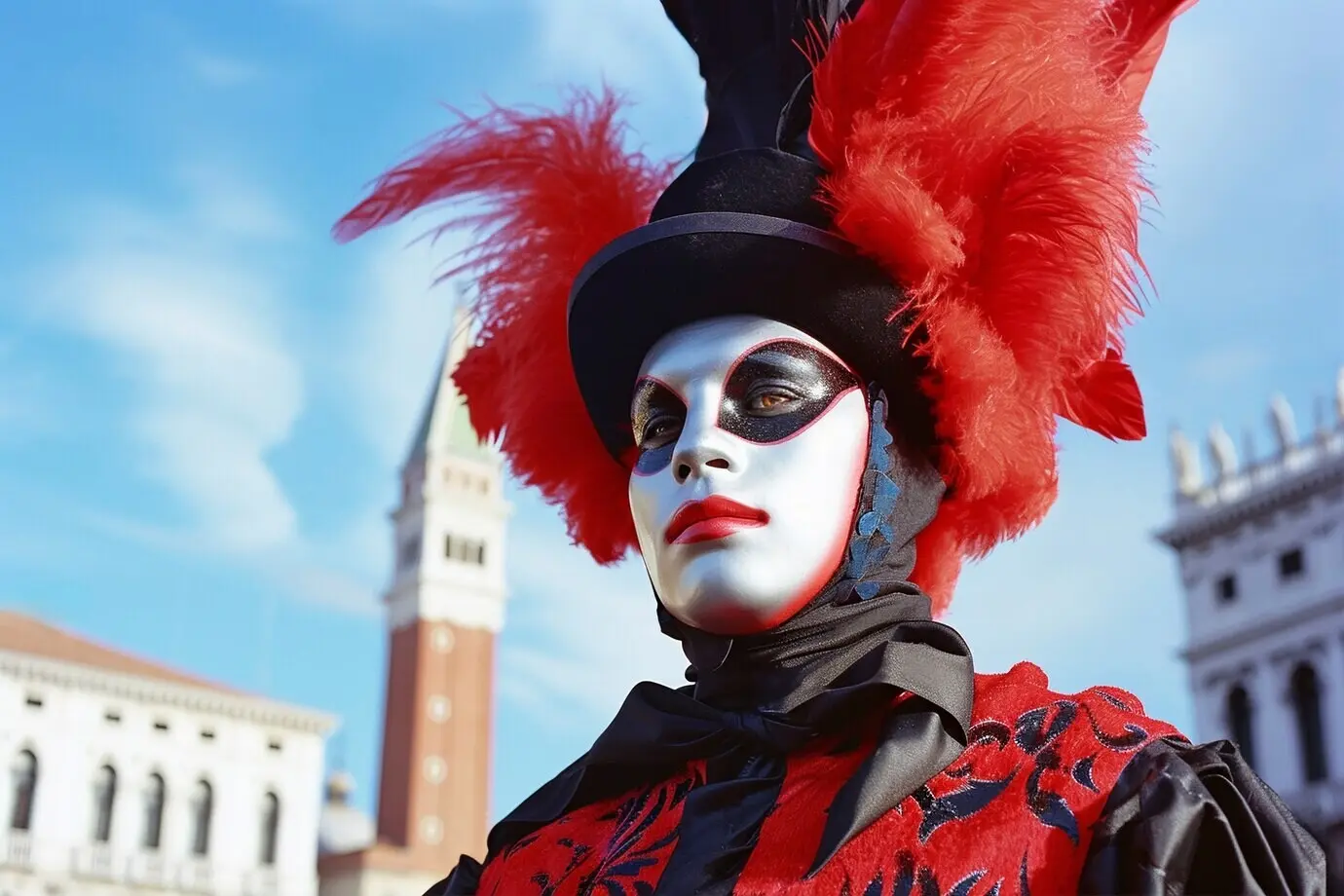 Eine Person, die am Karneval in Venedig teilnimmt und ein Kostüm mit Maske trägt.